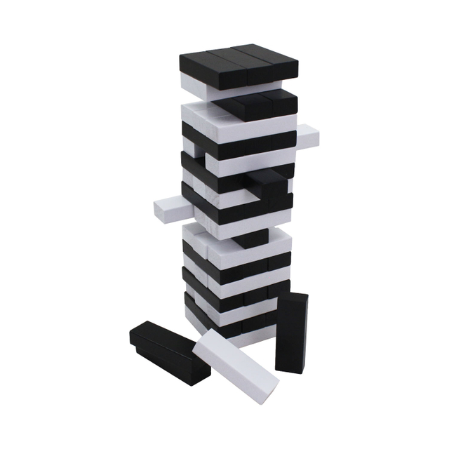 Black and white Wooden Stacking Tumble Tower Blocks Games Boys Girls 54 Pieces for Kids Family Party.