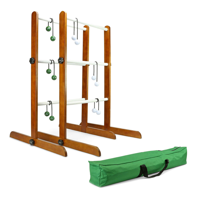 No Tool Assembly Ladder Toss Indoor Outdoor Game Set with 2 Wooden Ladders 6 Soft Rubber Bolo Balls and Travel Carrying Case.