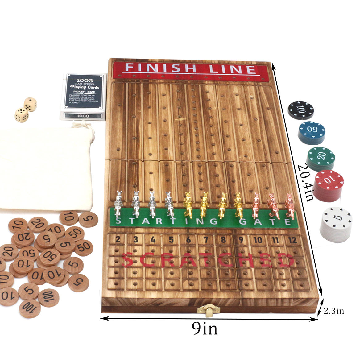  21 inches Solid Wood with 11 Metal Horses with 4 Dice and 2 Cards Finish Line Horse Racing Game Horse Race Board