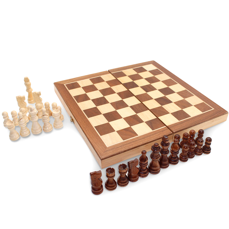 Chess 15" Wooden Chess Set with Felted Game Board Interior for Storage