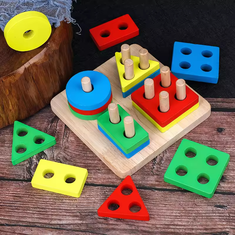 Geometric Wooden Column Children's Educational Toy Cognitive Building Blocks Matching Puzzle Jigsaw Game