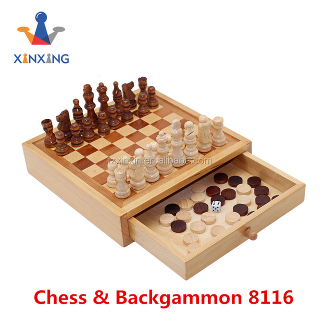 Theme Chess Draughts Backgammon Set Handmade Wooden Chess Box with Chess Pieces and Checkers