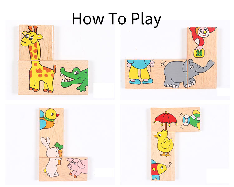 14 Pcs of Educational Wooden Toy Domino Animal Puzzles Kids Game Gift Domino Tiles Set for Toddler