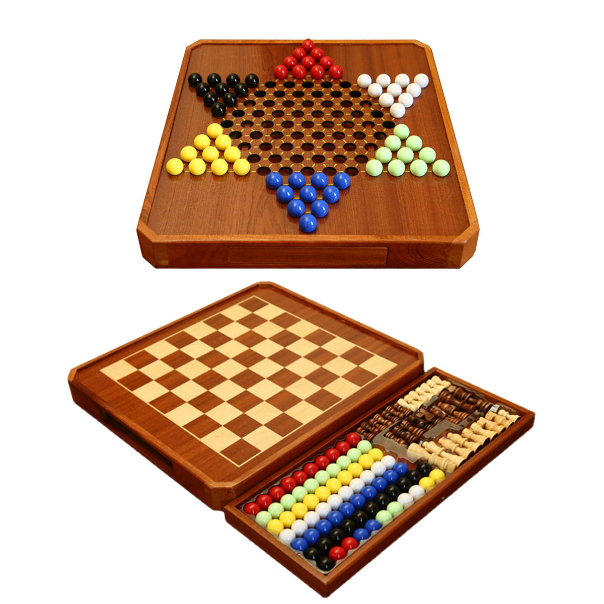 15" Wooden Chess Chinese Checkers Game Set Magnetic Chess Set 2 in 1 Board Games with Storage Drawer