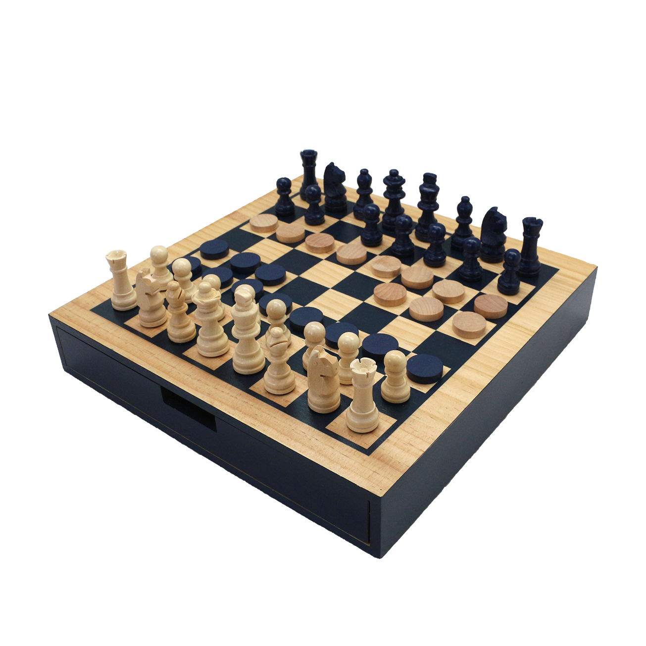 Chess Checkers 2 Games in 1 Custom Manufacturer 12" Wooden Game Set with Drawer Wooden Chess Board Chess Pieces Chessboard