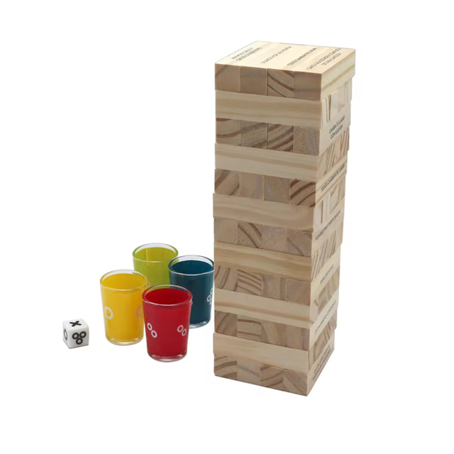 Unisex Tumbling Tower Block Party Game Set 52 Wood Blocks with Fun Tasks & Glass Cups Customizable Entertainment for All Ages