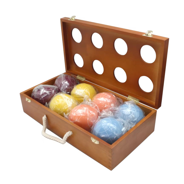  90mm Vintage Bocce Ball Set with 8 Balls Pallino Case Measuring Rope Wooden Carrying Box for Yard CN Plug Type.