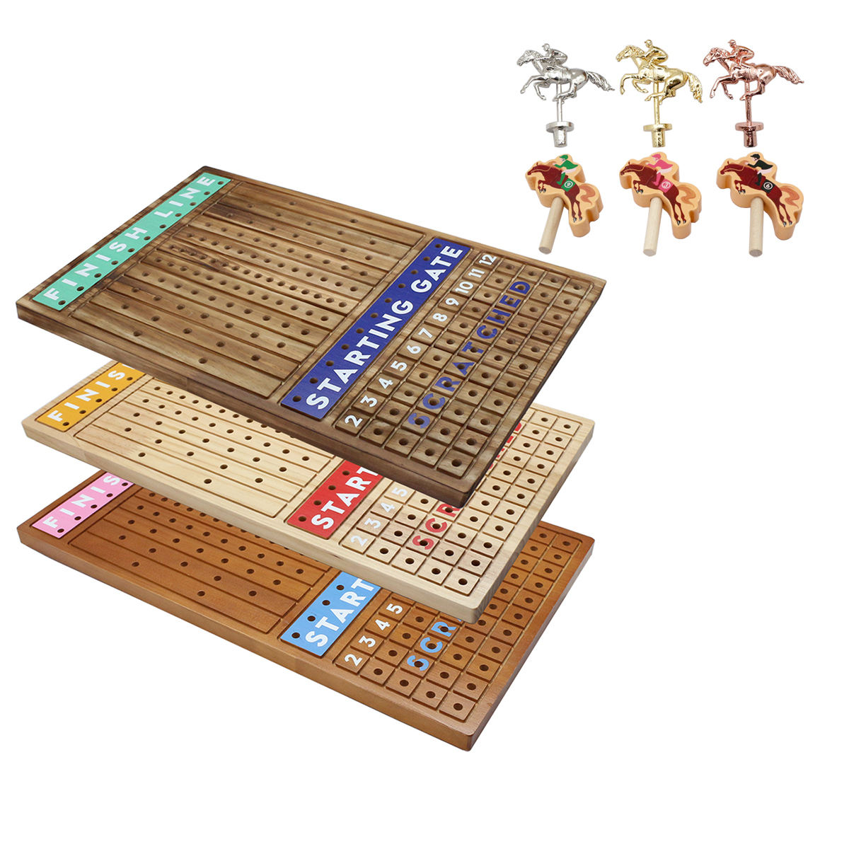 15 inches Solid Wood with 11 Metal Horses with 2 Dice and 2 Cards Finish Line Horse Racing Game Horse Race Board