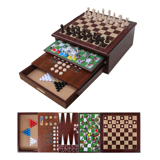  Board Game Set Deluxe 10 in 1 Tabletop Wood accented Game Center Tic Tac Toe Solitaire Snakes and Ladders Mancala Backgammon.