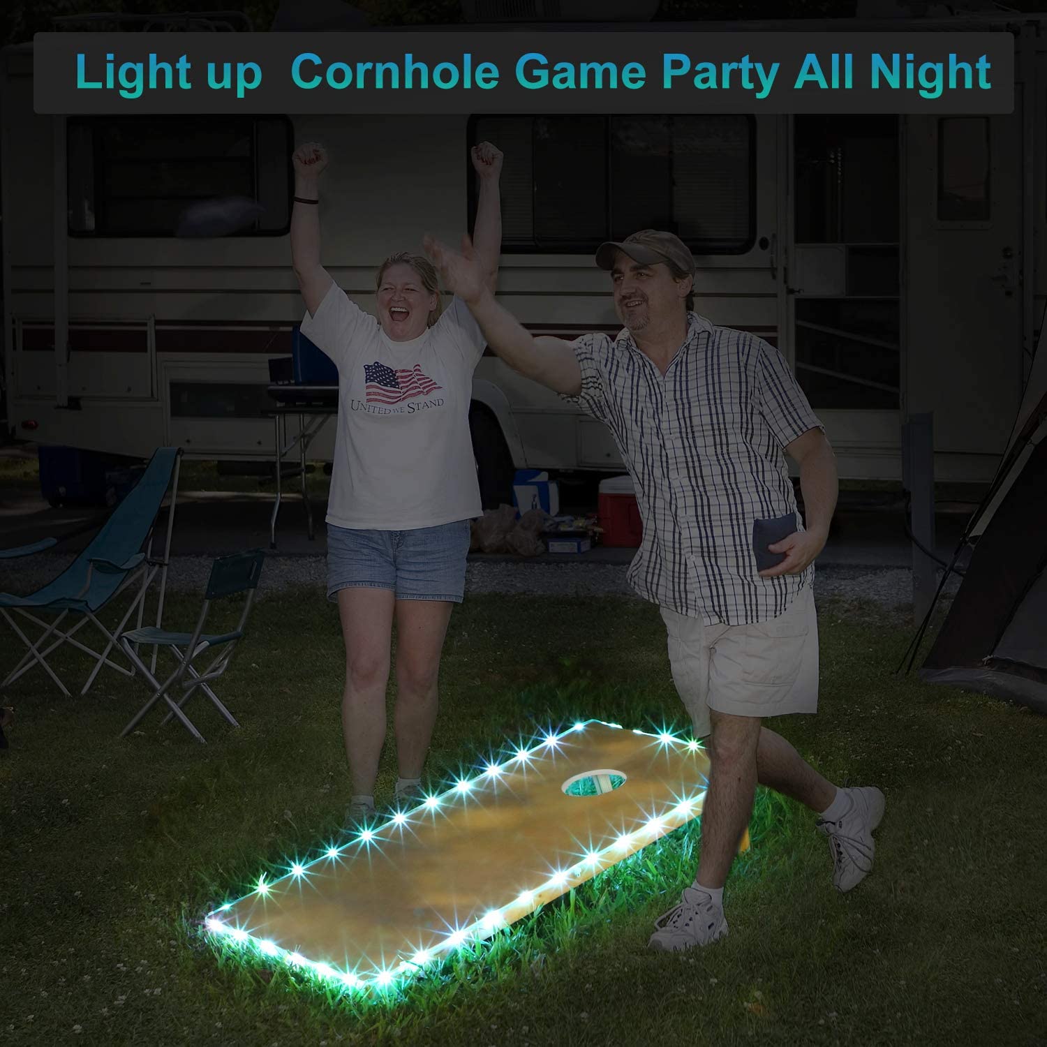 Cornhole Lights, 16 Colors Change Cornhole Board Edge and Ring LED Lights with Remote Control for Family Backyard Bean Bag Toss Cornhole Game, 2 Set